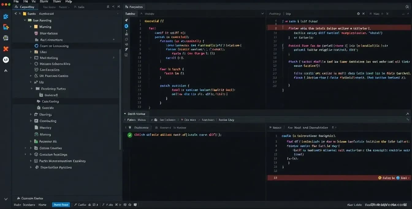A software development environment displaying Git repository management interface with code diff and patch utilities visible, warning indicators appearing in th