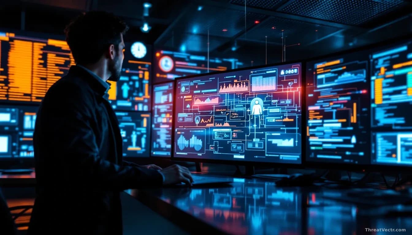 A security operations center with multiple displays showing interconnected identity verification systems, access logs, and authentication protocols visualized a