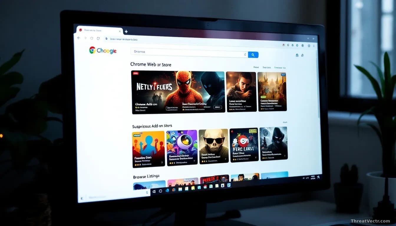 A computer monitor displaying the Chrome Web Store or browser extension marketplace, with multiple suspicious add-on listings visible in the browse interface