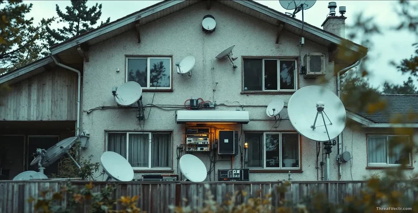 A nondescript residential home exterior with telecommunications and server equipment visible through windows, surrounded by multiple satellite dishes or network