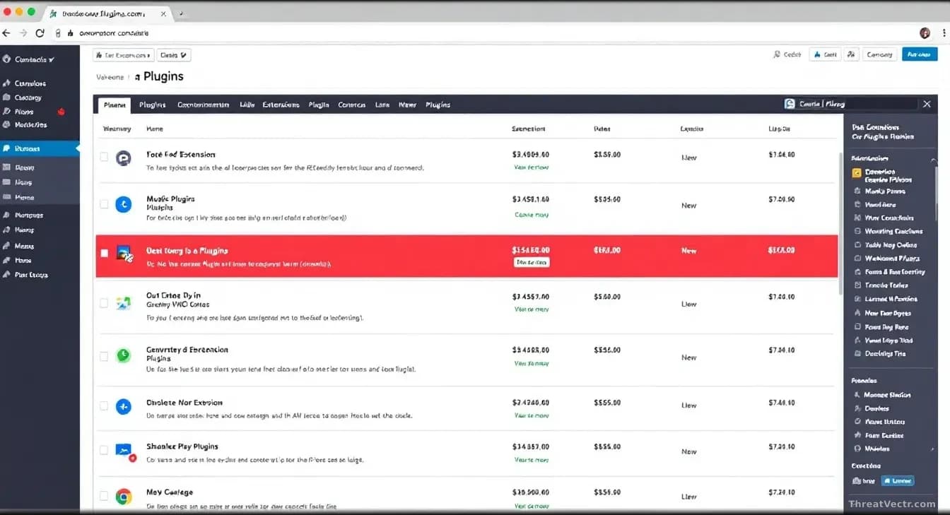 A website backend interface displaying WordPress plugin management dashboard, with multiple extensions visible and warning notifications highlighted in red acro