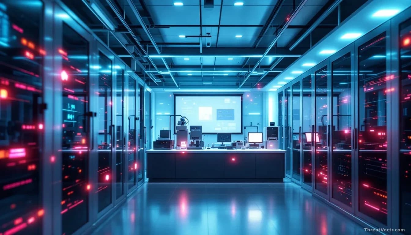 A research facility's interior showing server equipment and scientific instrumentation, with cybersecurity warning symbols or breach indicators subtly visible i