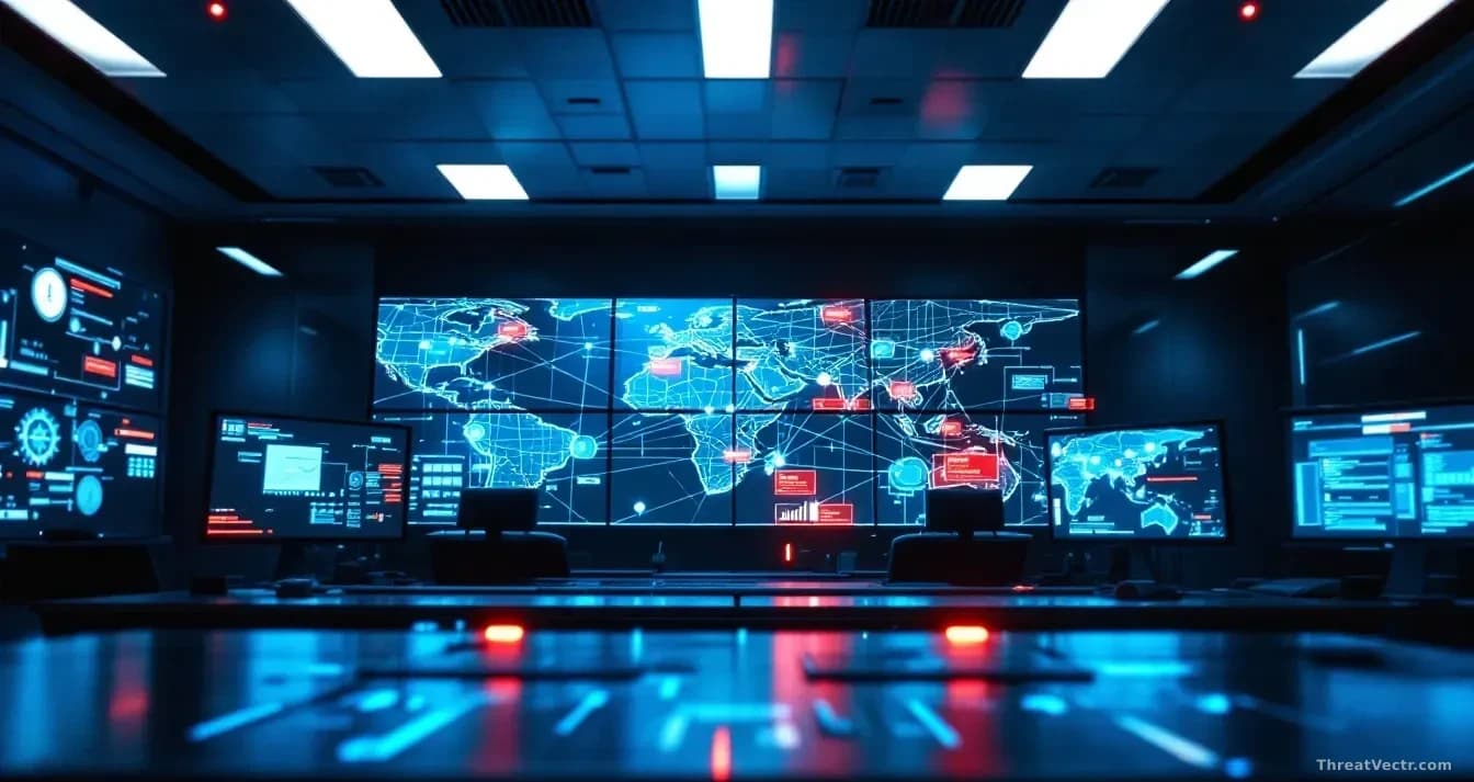 A blockchain network visualization displayed on multiple monitors in a control room, with several nodes highlighted in red or flashing alert indicators across t