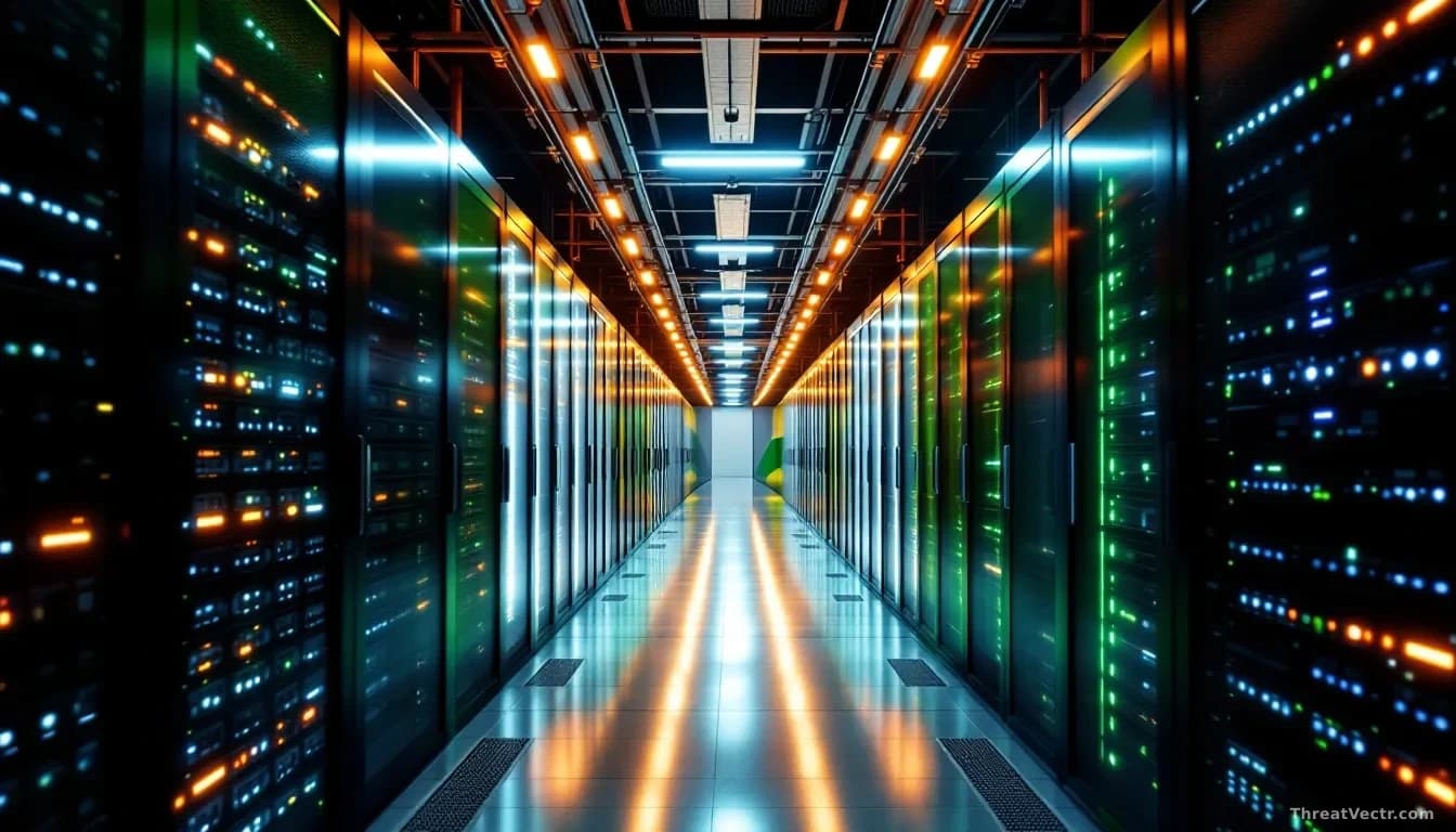 A modern data center facility in Lagos or Nigeria with rows of server racks, national flag imagery subtly integrated into the architectural or lighting design