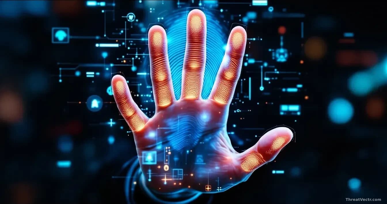 A person's hand displayed on a glowing screen showing fingerprint or facial recognition imagery, with six visible fingers creating an obvious anomaly