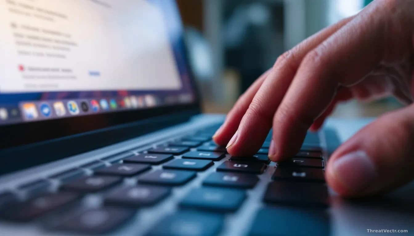 A laptop keyboard in close focus with a hand hovering over the keys, a browser window visible on the monitor behind showing an email inbox with multiple message
