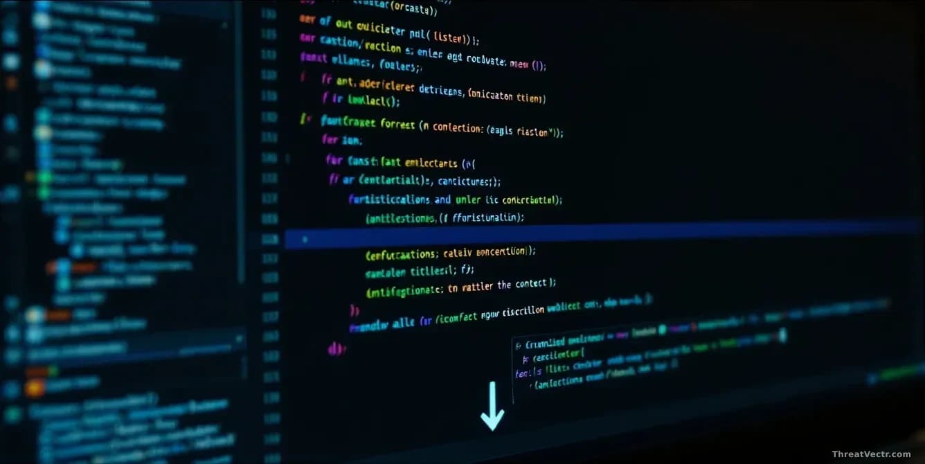 A computer screen displaying a dense code editor interface with multiple tabs and nested functions visible, overlaid with a subtle downward-pointing arrow graph