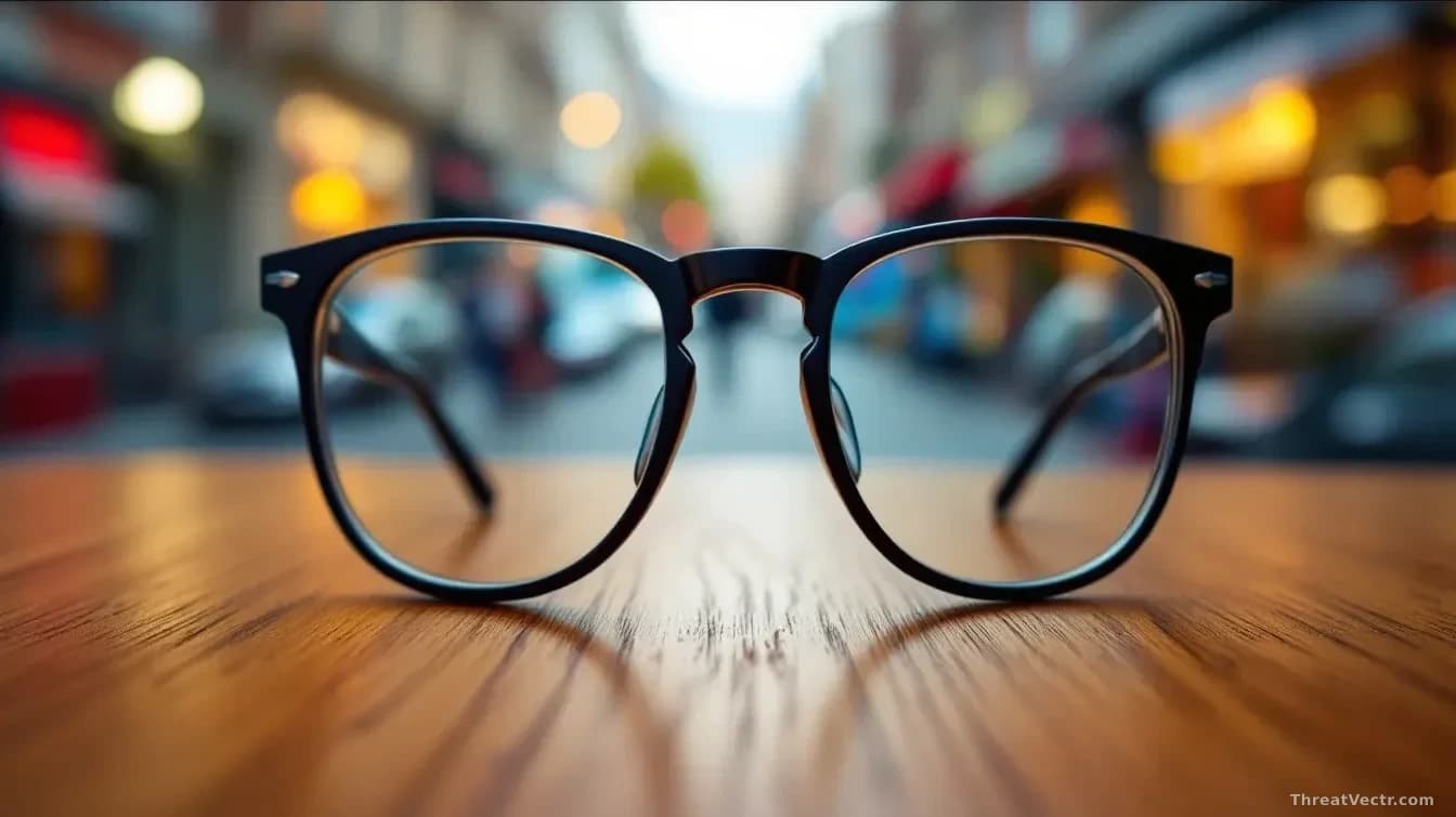 A pair of ordinary-looking eyeglasses resting on a wooden table, photographed from above, with blurred urban street scenery visible through the lenses in the ba