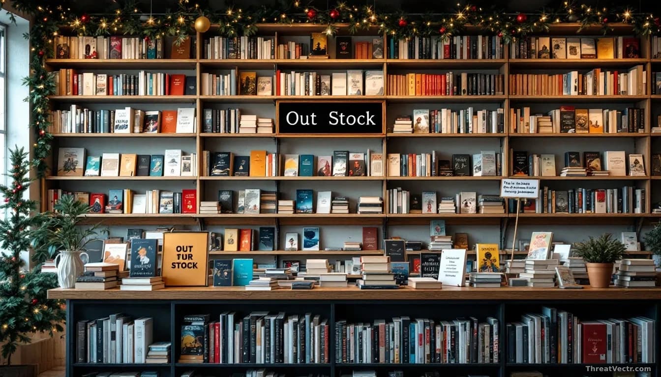 An Australian independent bookshop interior with empty shelves and a 'Out of Stock' sign prominent, a notice about supply disruption on the counter, holiday dec