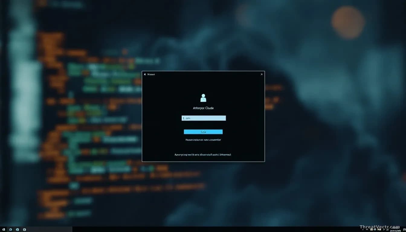 A compromised Windows desktop showing infostealer malware activity in background processes, Anthropic Claude login screen in foreground being accessed without c