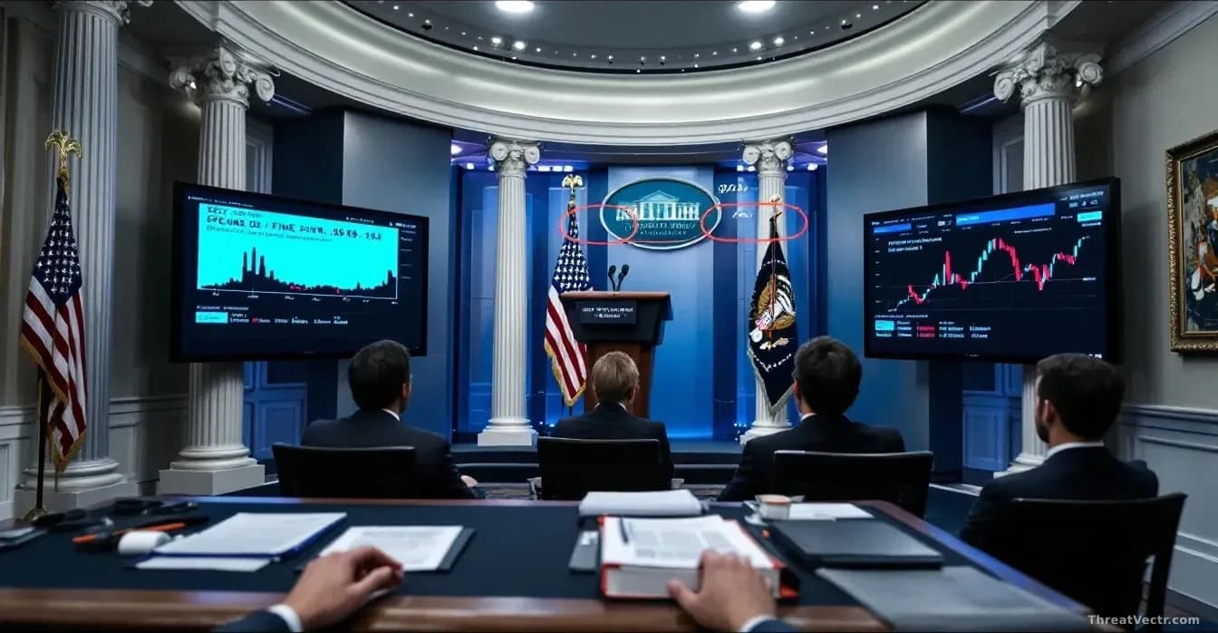 The White House briefing room with teleprompters visible, a calendar showing speech dates circled, documents showing SEC fine details and prediction market scre