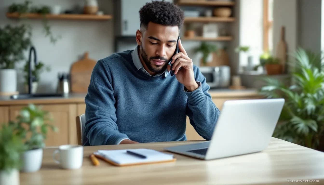 A person on a phone call at their kitchen table, laptop open showing banking website, notepad with timestamps of the conversation, calm but alert expression