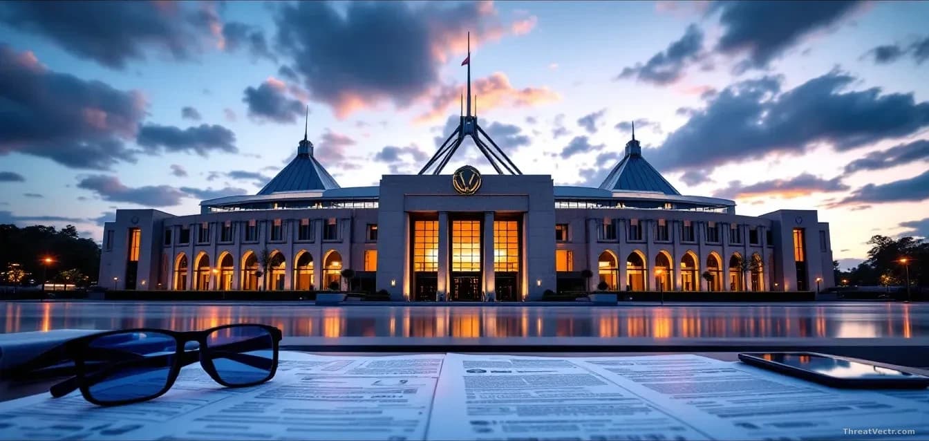 Illustration: The Australian Parliament House photographed with technology and privacy-forward