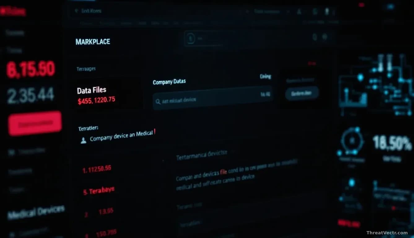 A dark web marketplace listing page showing company data file counts and terabyte measurements, medical device schematics pixelated in background, extortion dem