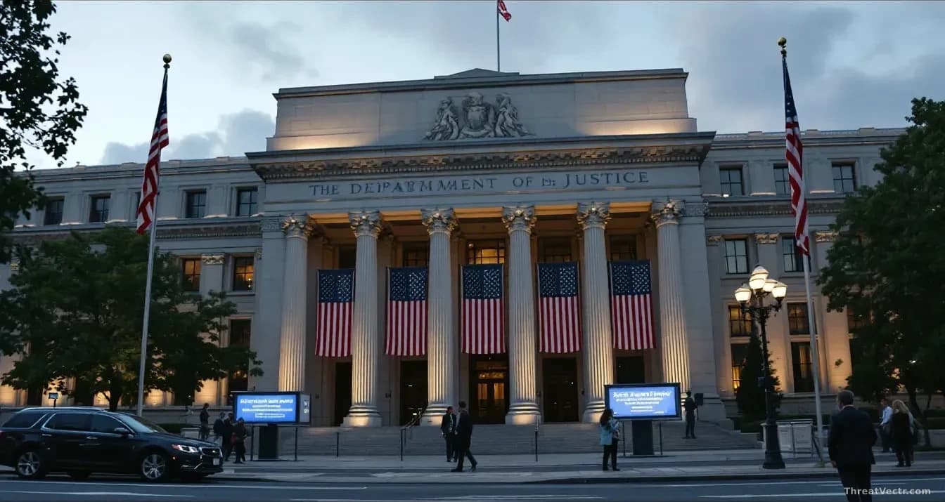 Illustration: The Department of Justice building facade photographed at angle