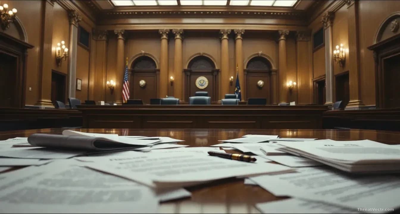 A federal courthouse interior with the bench visible but empty, legal documents scattered showing court rulings, Pentagon and AI company letterhead visible on p