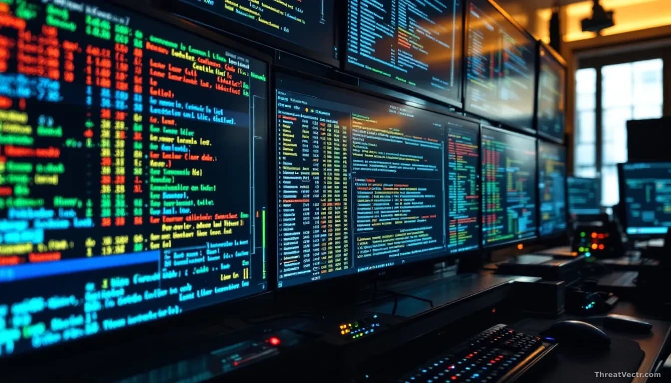 A network operations center with multiple screens showing Cisco router interfaces, authentication logs scrolling rapidly, some entries marked as tampered or del