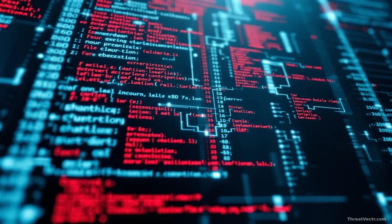 A Ruby on Rails framework logo-adjacent visual of server logs cascading down, with red error indicators and file-access permission hierarchies highlighted