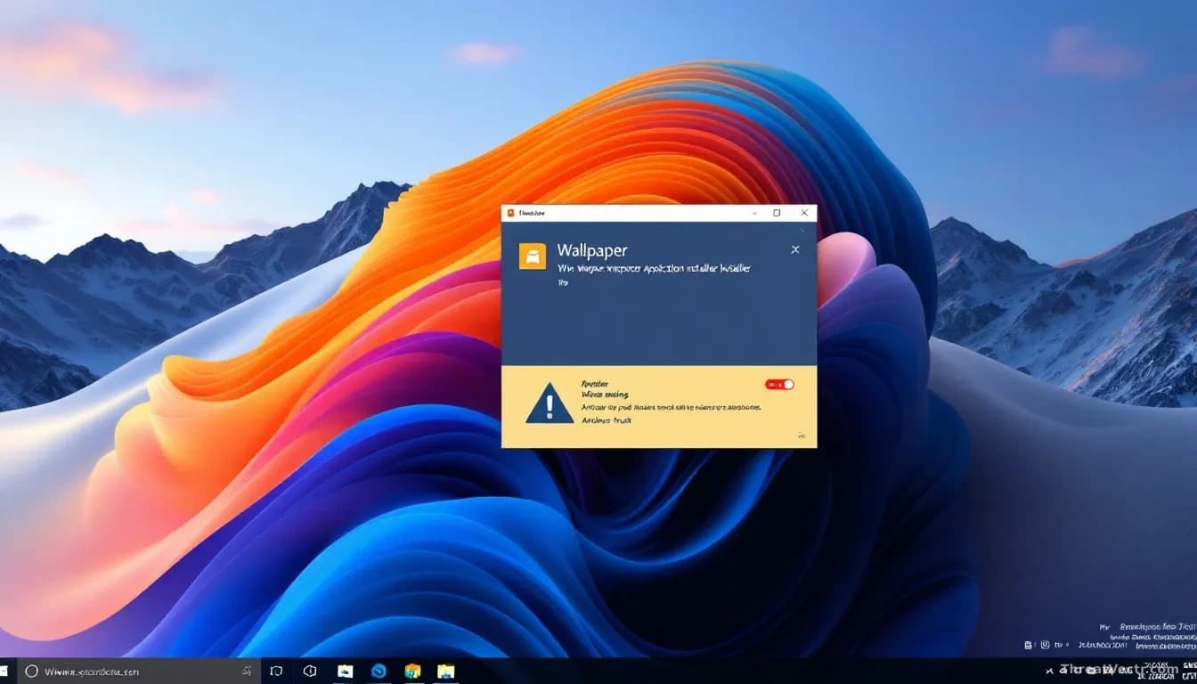 A Windows PC startup screen with a wallpaper application installer window open, system security warnings visible in the taskbar, antivirus trust indicators high