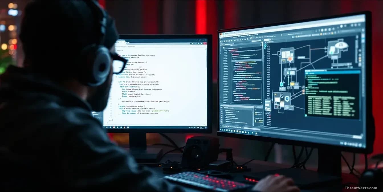 A hacker's workstation showing an AI code assistant interface on one monitor and a network intrusion diagram on another, Russian-language system prompts visible