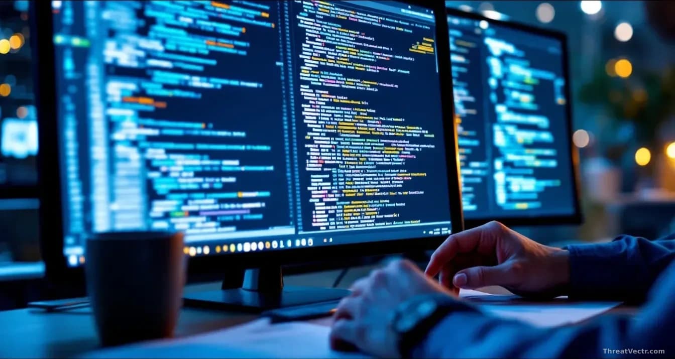 A security analyst reviewing code on a monitor, with compliance logs and API documentation spread across a desk, a coffee cup at the edge showing concern-worn f