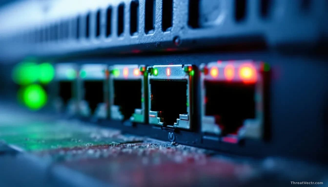 Close-up of a router's ethernet ports glowing with activity lights, a single red warning indicator blinking among the green, dust settling on the device's venti