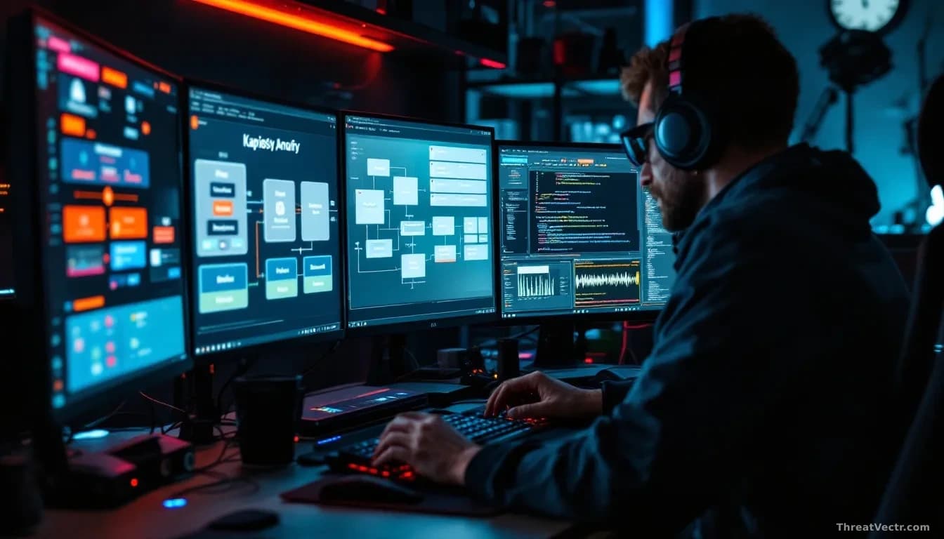 A security researcher's workbench with multiple monitors displaying Kaspersky antivirus architecture diagrams, exploit code windows open, privilege escalation c