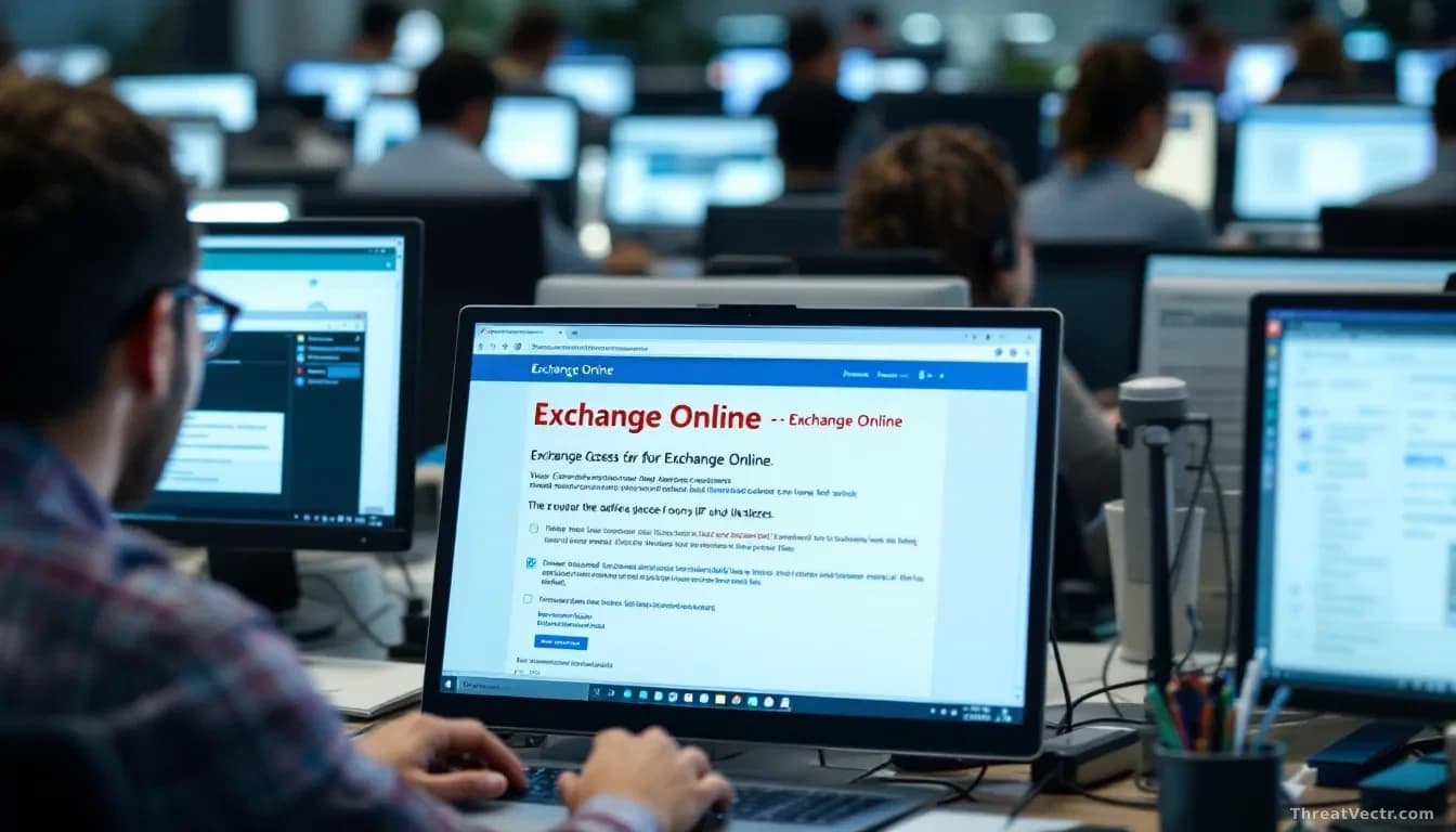 Multiple office workers at their desks with laptop screens showing Exchange Online error messages and email access failures, frustrated expressions, IT support