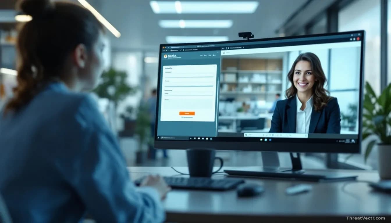A hospital hiring portal and sales department recruitment webpage showing legitimate-looking job applications and video interview screens, subtle indicators of