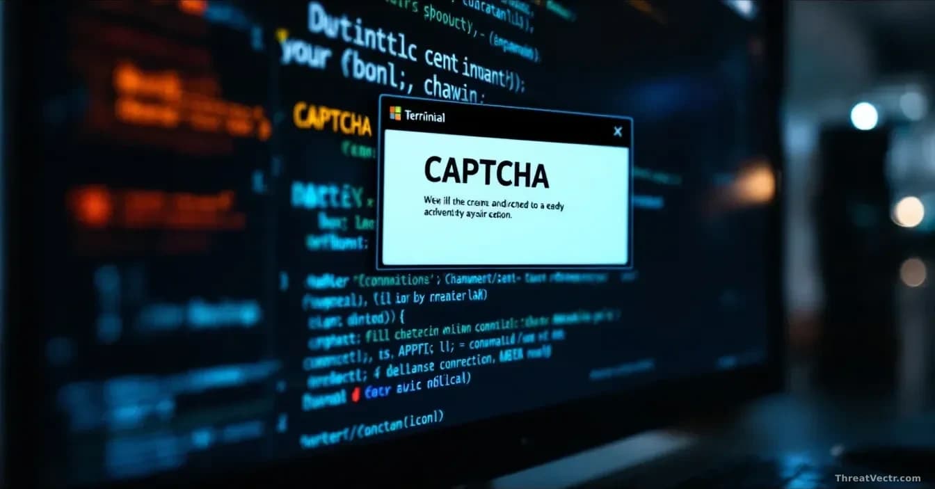A Windows Terminal window open on a user's screen displaying a spoofed CAPTCHA popup above it, malicious command strings visible in the terminal ready to be pas