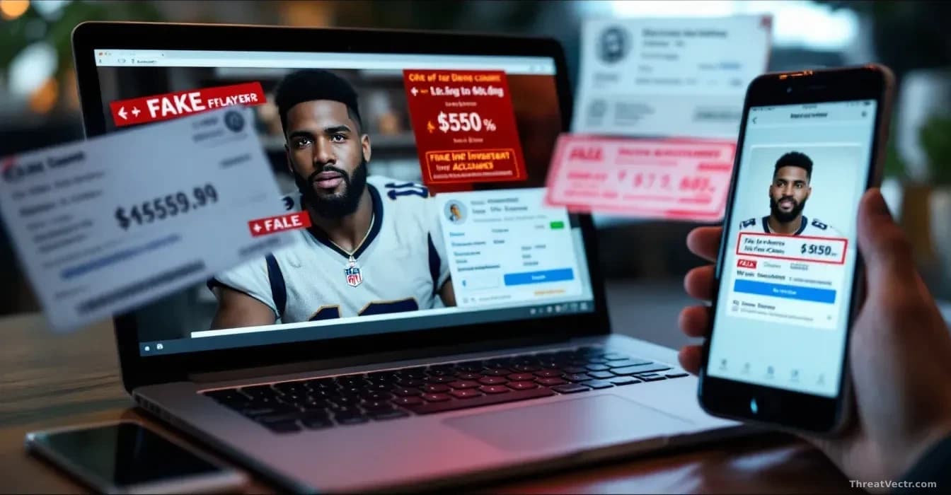 A laptop displaying a fake NFL player dating profile overlaid with false investment account screenshots and wire transfer confirmations, smartphone showing simi