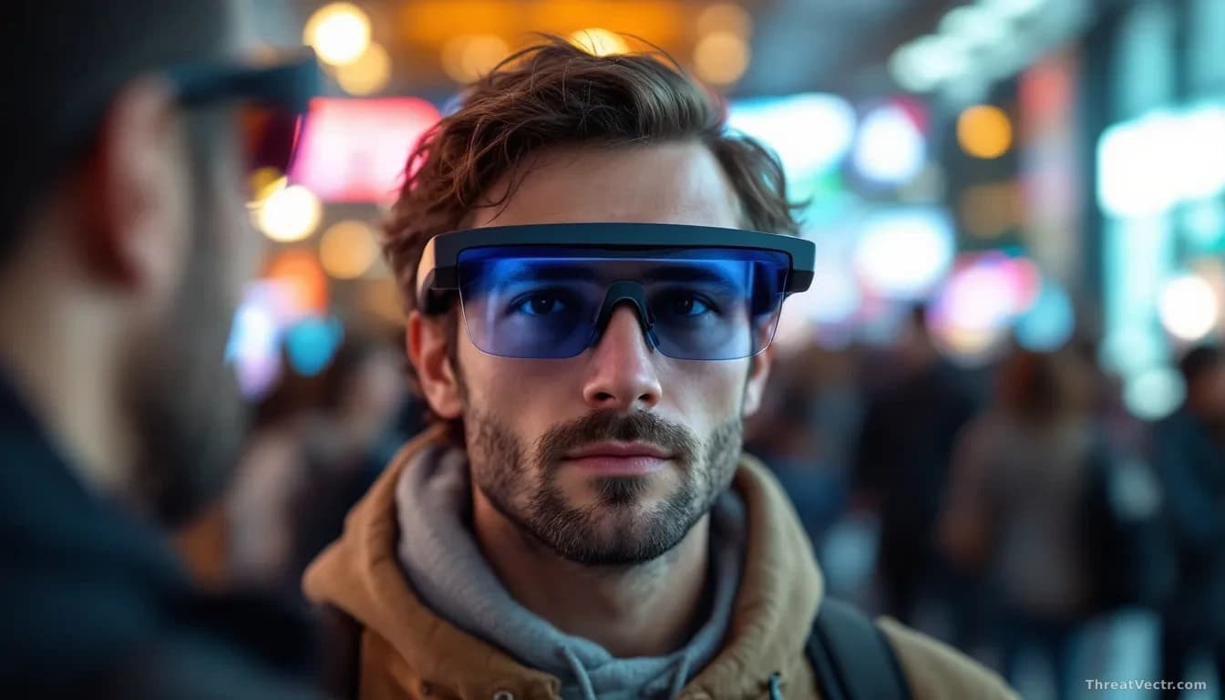 A person wearing smart glasses in a crowded public space, their viewfinder display showing real-time face-blurring technology automatically pixelating strangers