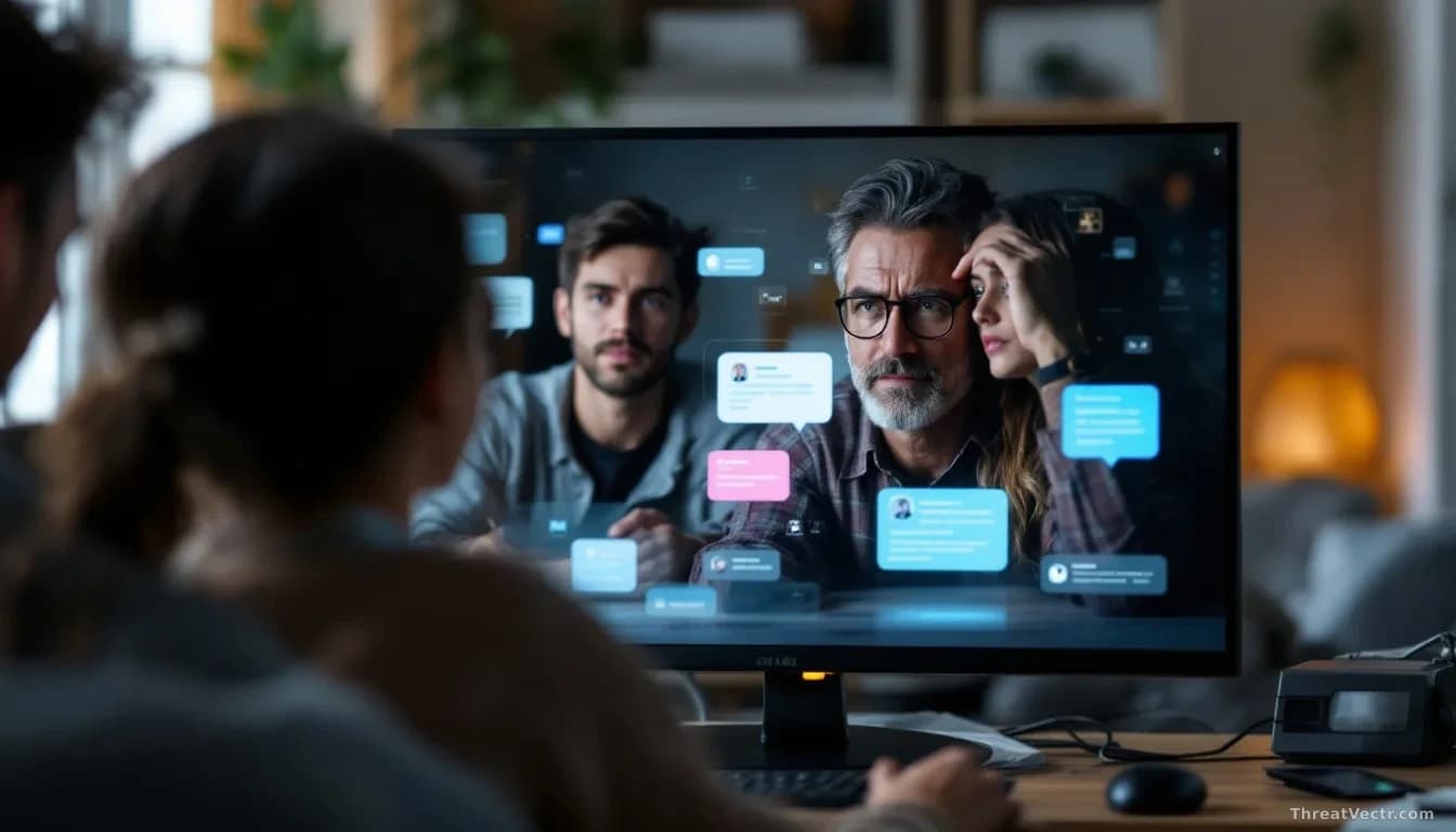 A computer monitor showing gaming platform and chat application icons, parents' concerned faces in soft focus, subtle warning signs and predatory messaging patt