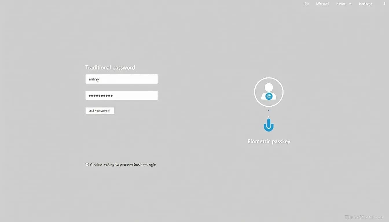A Microsoft business login interface transitioning between traditional password entry field and biometric passkey authentication method, both visible side-by-si