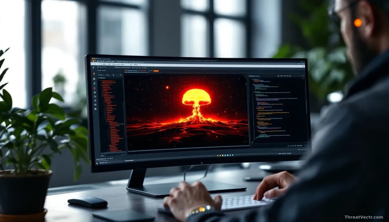 An analyst's computer screen running AI-assisted malware analysis, code viewer suddenly displaying a nuclear threat image designed to trigger refusal responses,