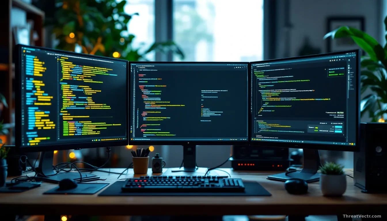 Developer workspace with code repository access open on screens, API credentials visible in terminal windows, financial dashboards showing depleted cloud servic