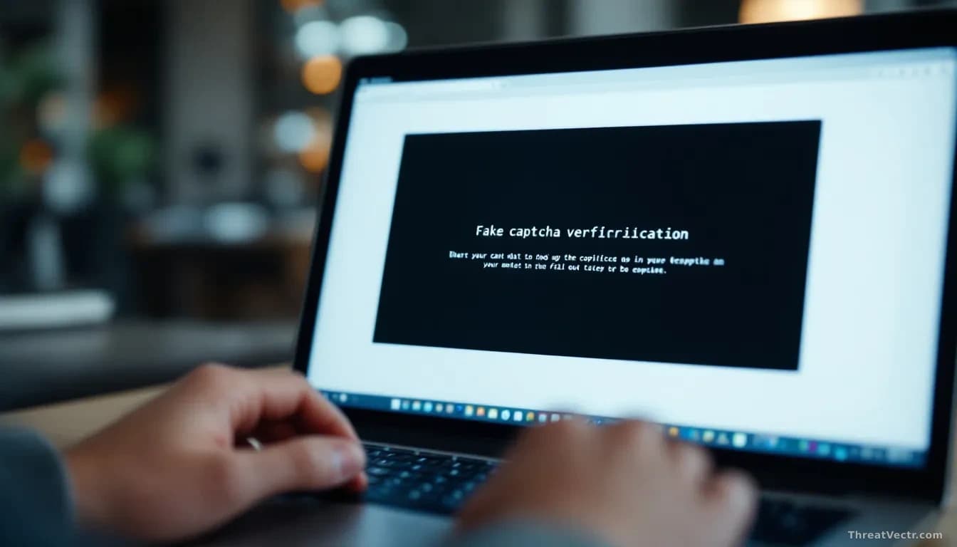 A laptop screen showing a convincing fake captcha verification popup while a user's finger hovers near the keyboard, office background blurred, moment of social