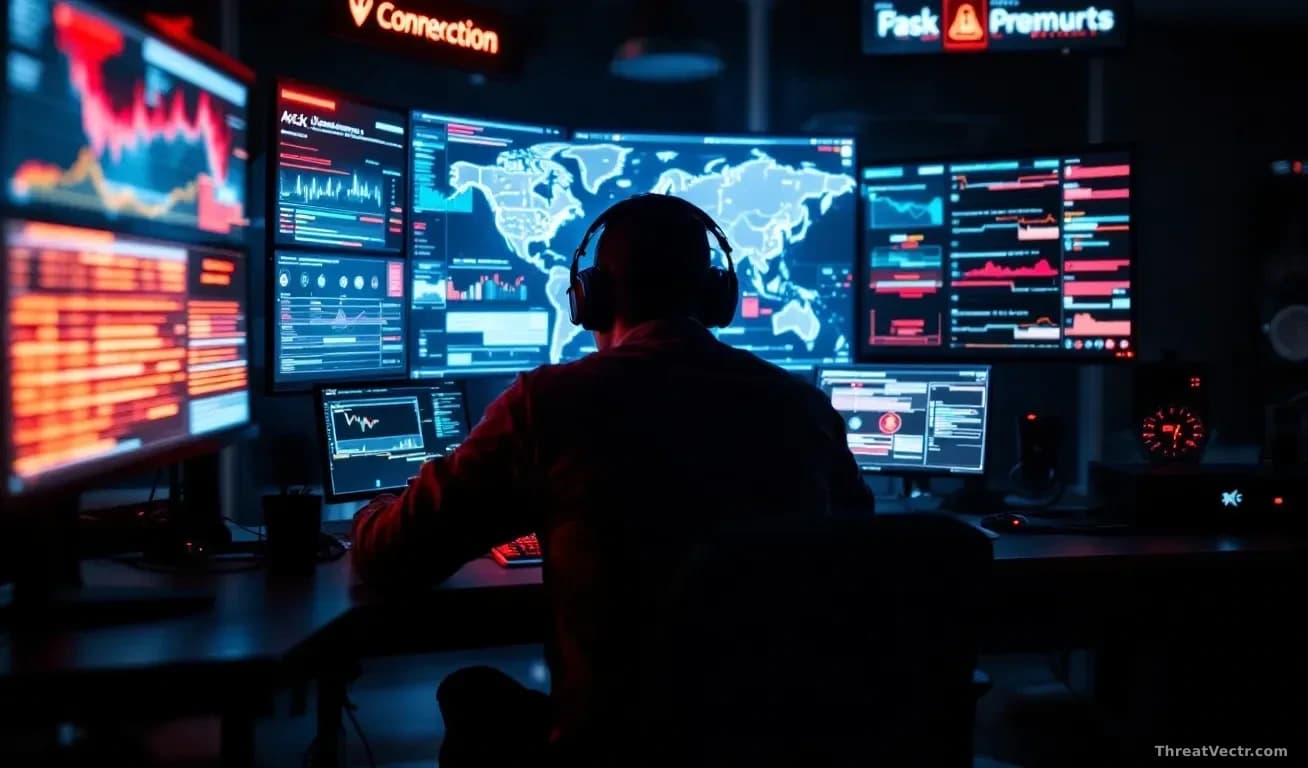 A hacker's workstation with multiple displays showing attack logs, credential theft timelines, and server breach patterns mapped across a digital interface, red