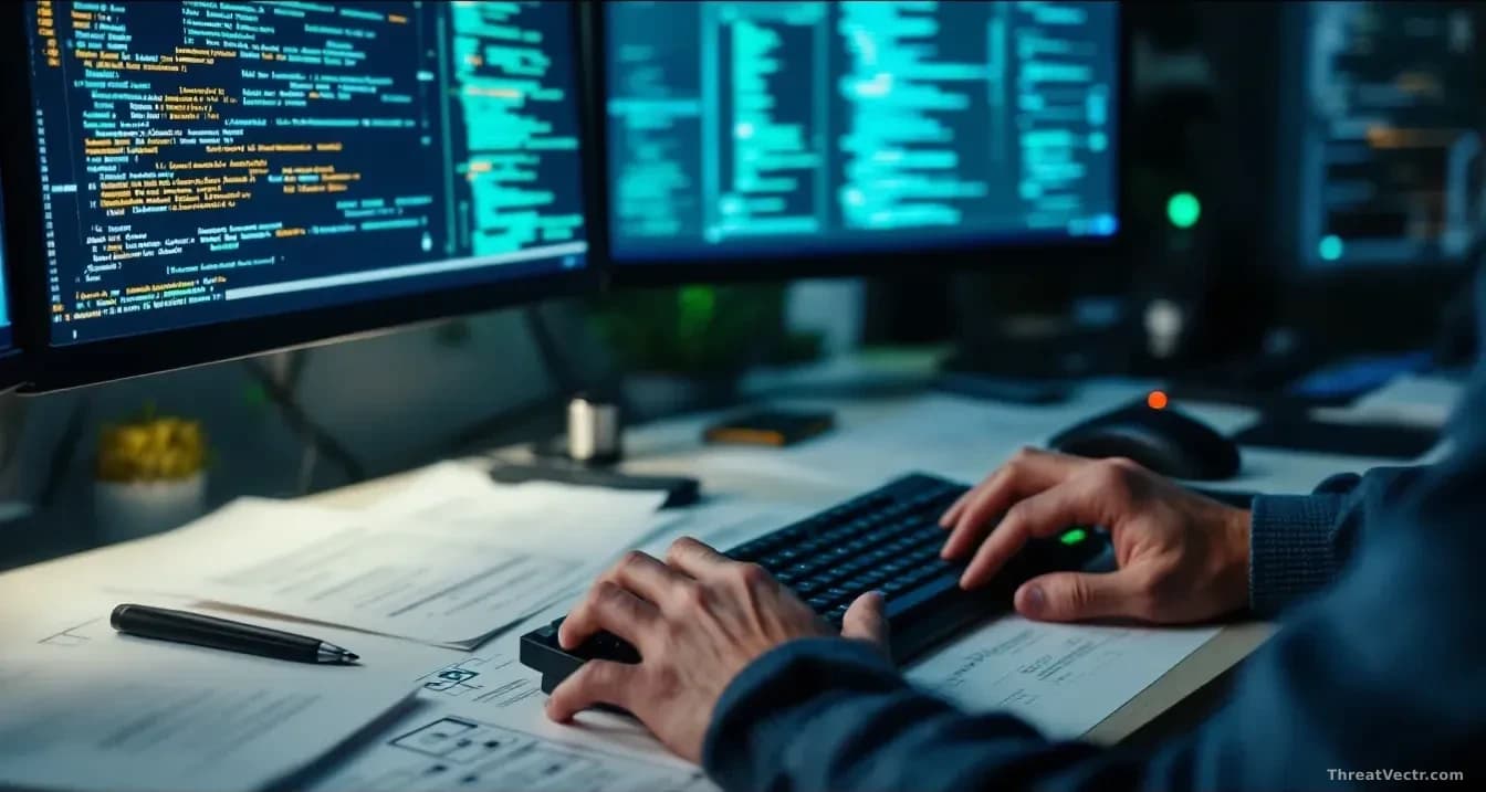 A software engineer's hands typing at a keyboard, multiple monitor screens displaying cascading lines of security code and system architecture diagrams, papers