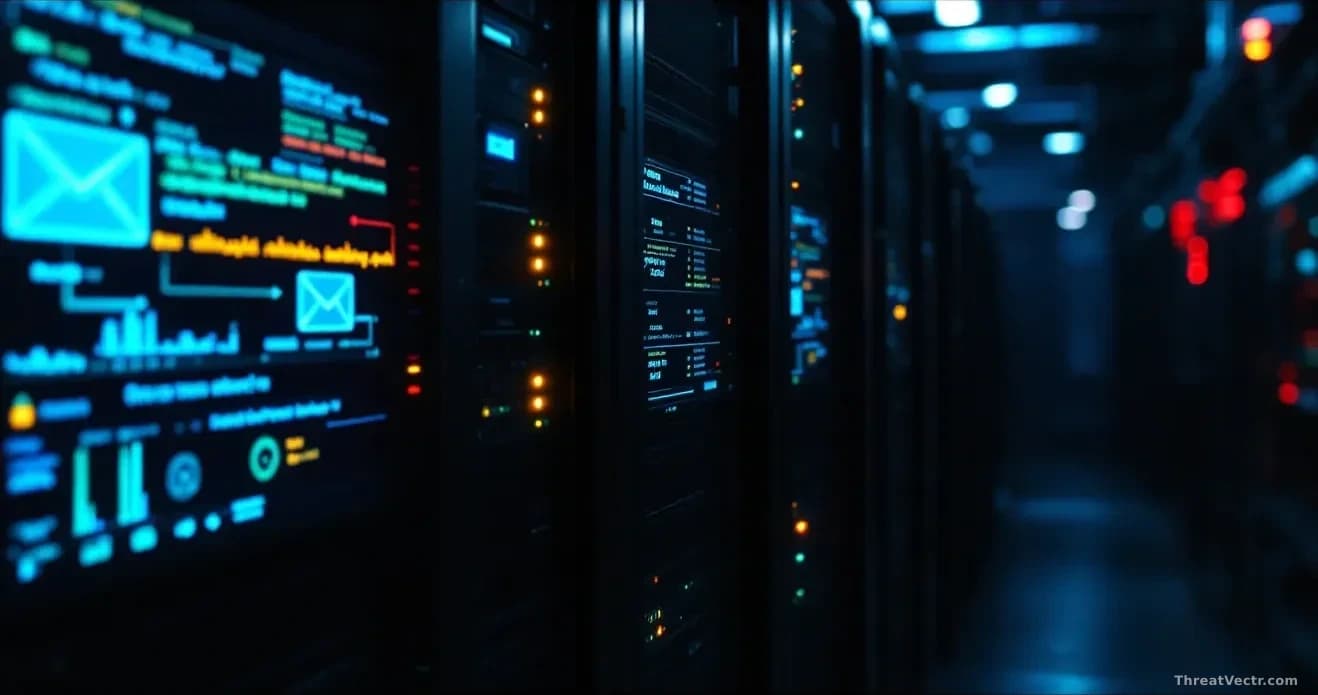 A server rack in dim lighting with warning indicators illuminated, network cables organized but vulnerable-looking, data streams flowing across screens showing