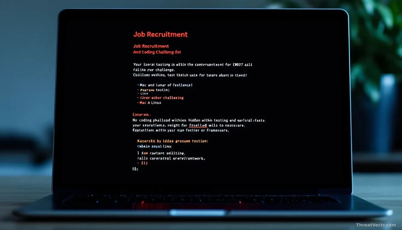 A laptop screen displaying a job recruitment email and coding challenge test file, Mac and Linux system environments visible, malicious payload hidden within th