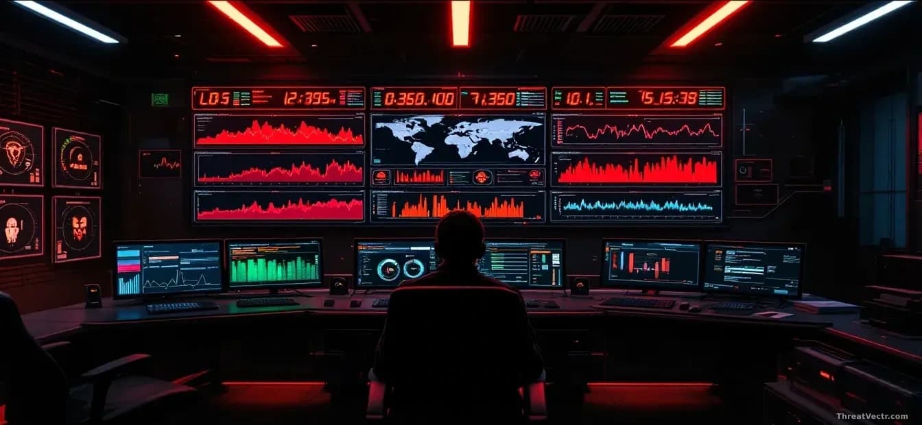 A network operations center with login session analysis dashboards, threat actors hidden behind ordinary-looking internet connections and privacy tool indicator