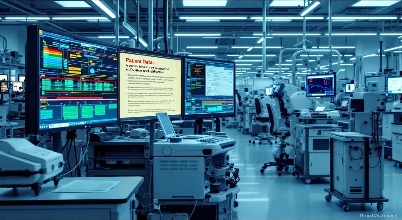 A medical device manufacturing facility with patient data systems visible on screens, security breach notification documents and regulatory filings, oncology de