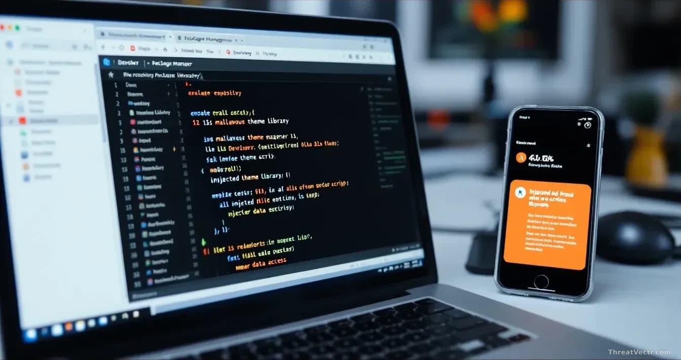 A developer's laptop showing a code repository and package manager interface with 13 malicious theme libraries listed, alongside a smartphone running older iOS