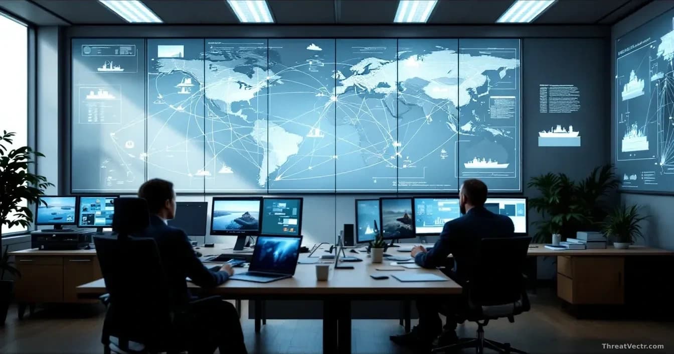 A federal office workspace with maritime infrastructure maps on the walls, network diagrams of port systems and waterway connections, shipping vessel silhouette
