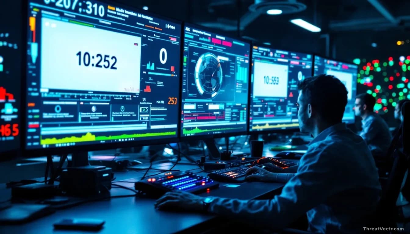 A security operations center with analysts watching automated incident response systems work through network defense steps on displays, clock timers showing rap
