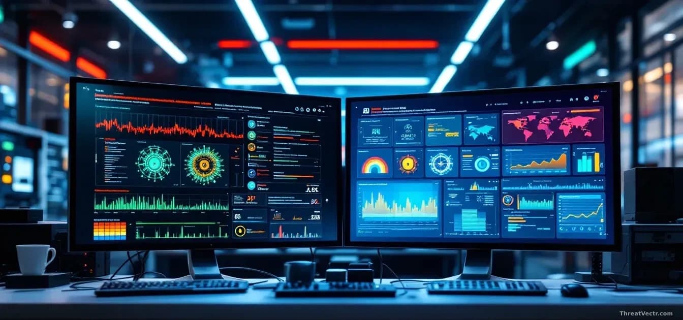 A network security operations center with dual AI system interfaces displayed side-by-side, one showing attack pattern detection and vulnerability hunting, the