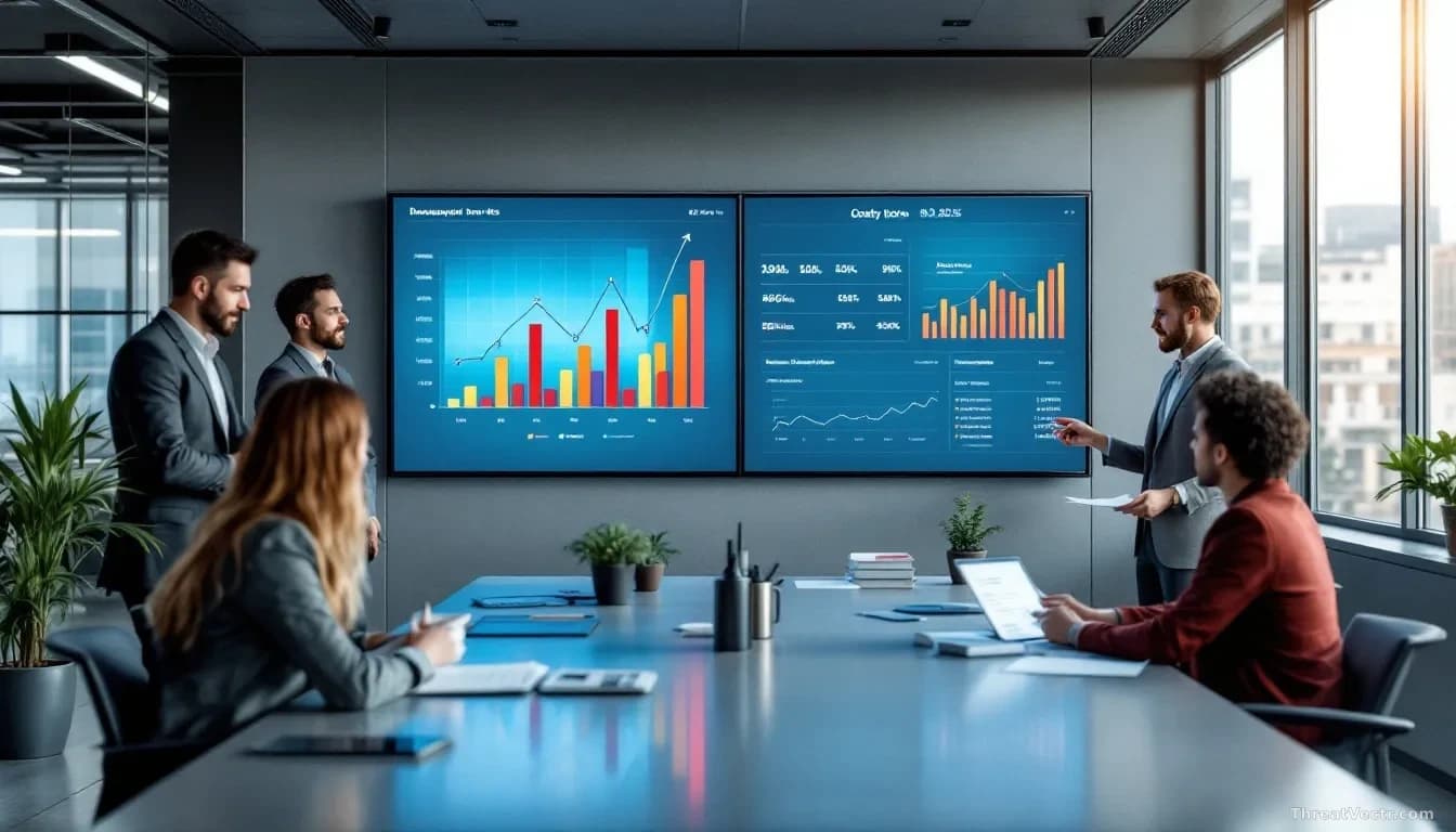 A corporate office setting with financial dashboards on large screens displaying quarterly growth metrics, charts showing revenue increases across product lines