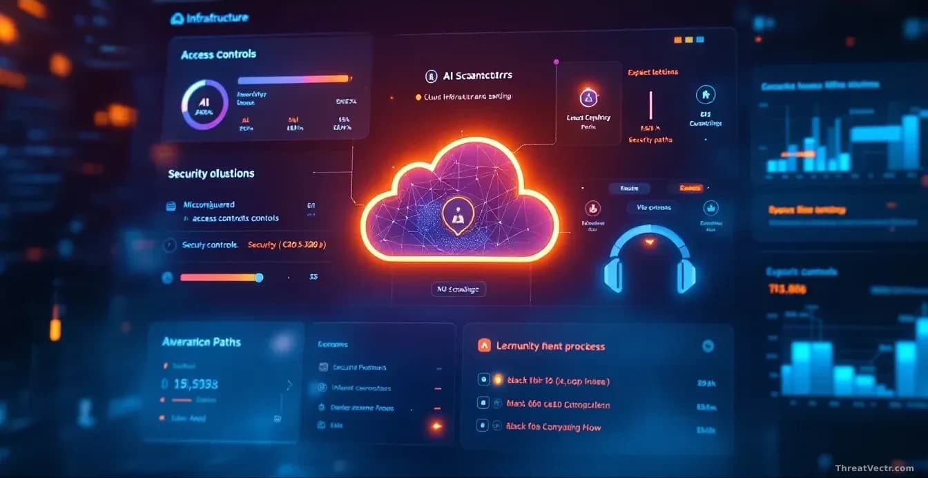 A cloud infrastructure dashboard showing misconfigured access controls and security group settings, with AI scanning tools highlighting vulnerabilities and expl