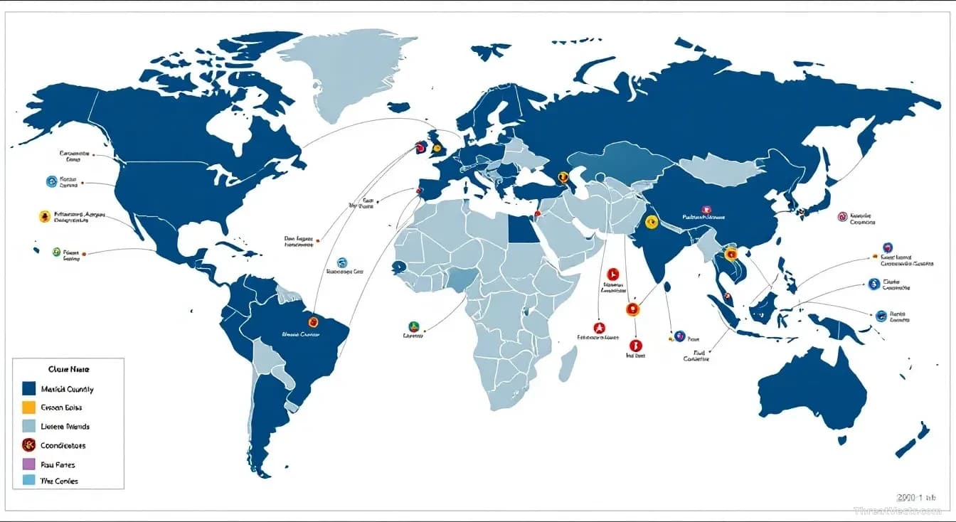 A world map highlighting 22 countries with connection nodes showing international money-laundering networks and fraud operation infrastructure being disrupted,